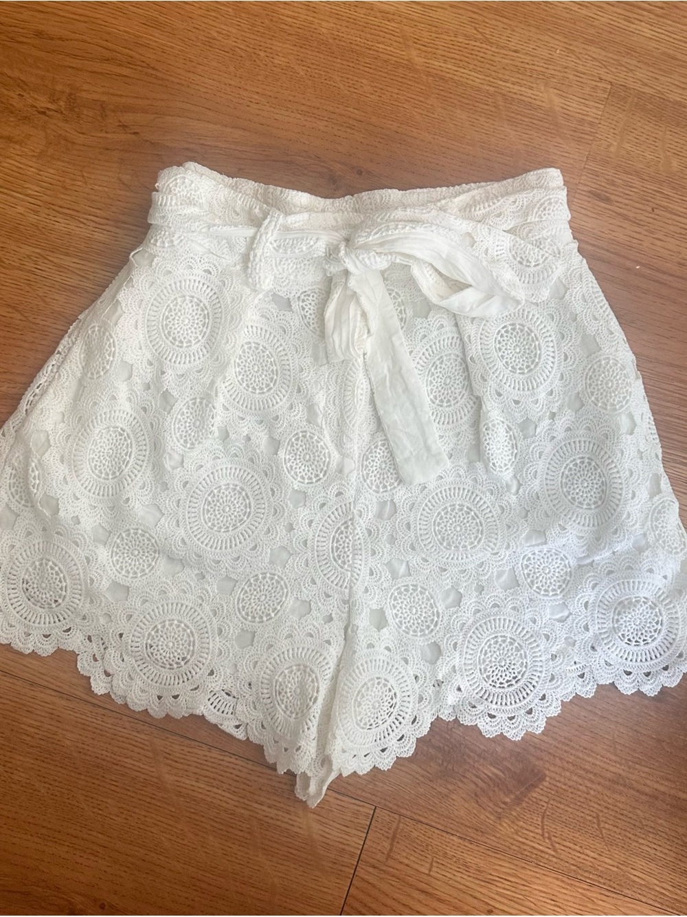 Maje White Crochet High-Waist Tie-Front Shorts